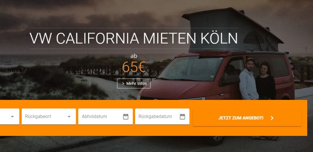 VW Bus / Bulli mieten (Portugal): Das Suchfenster des Anbieters Europe by Van.