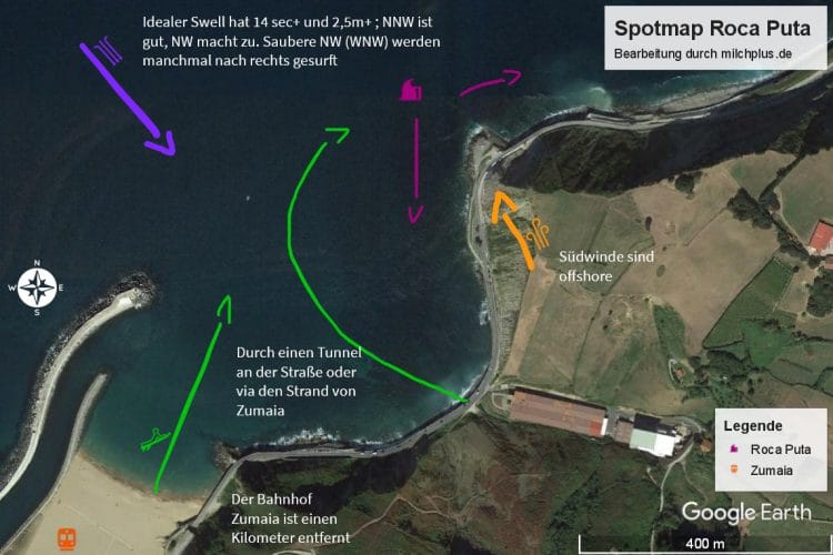 Surfen in Zarautz: Karte mit Erklärungen für Roca Puta