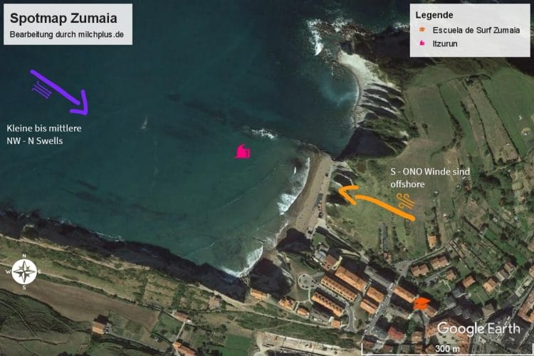 Surfen in Zarautz: Karte mit Erklärungen von Zumaia
